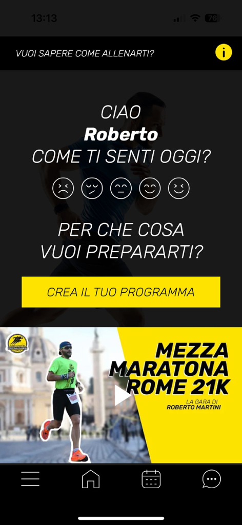 My Personal Running Coach - Una captura de pantalla de la aplicación Mi Entrenador Personal de Running que muestra el seguimiento de sensaciones diarias y un botón para crear un programa de entrenamiento personalizado