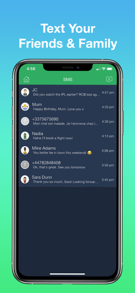 Vyke: Second Phone Number - Screenshot of the Vyke app showing a list of SMS text messages from friends and family with contact names and message previews.