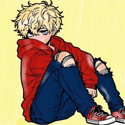 a male hoddie ripped jeans messy hair anime