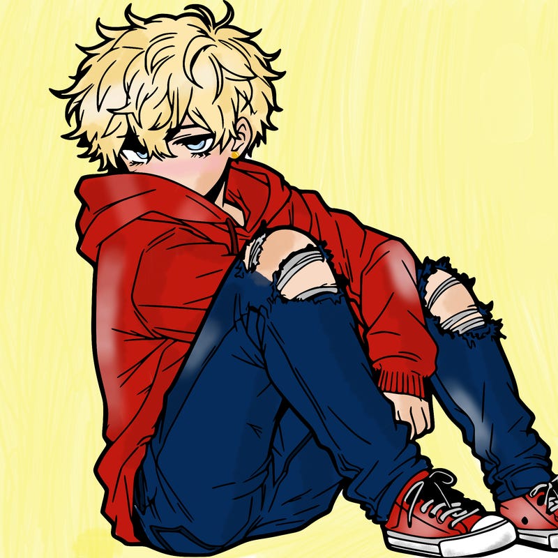 a male hoddie ripped jeans messy hair anime