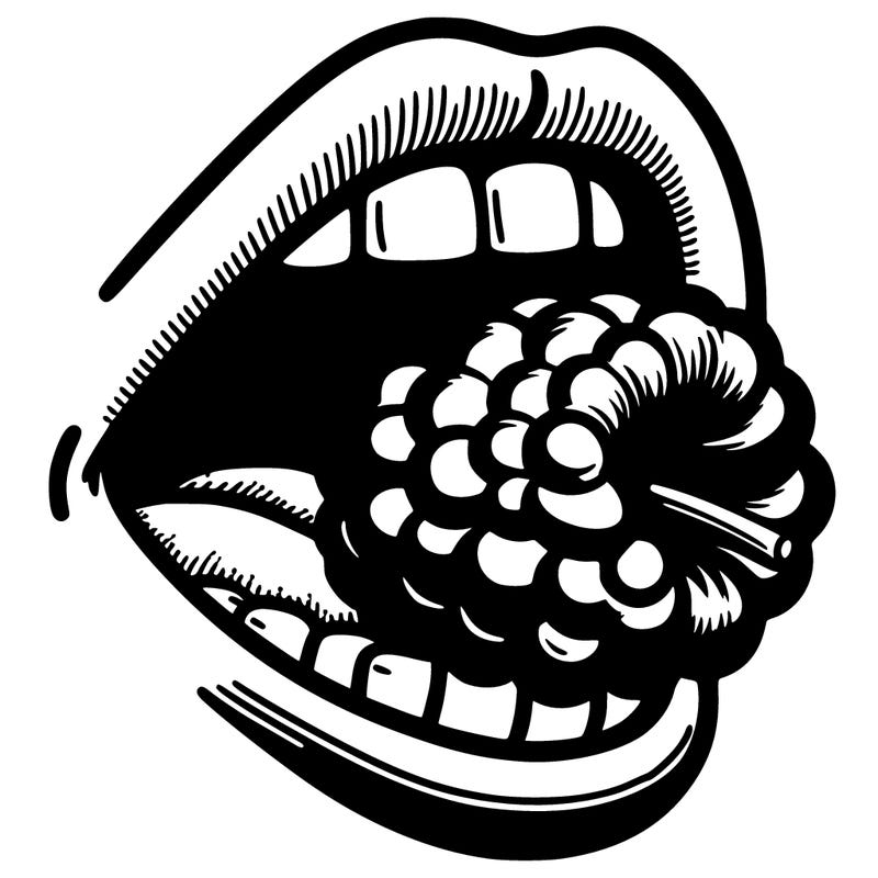 mouth with a razzberry in the mouth