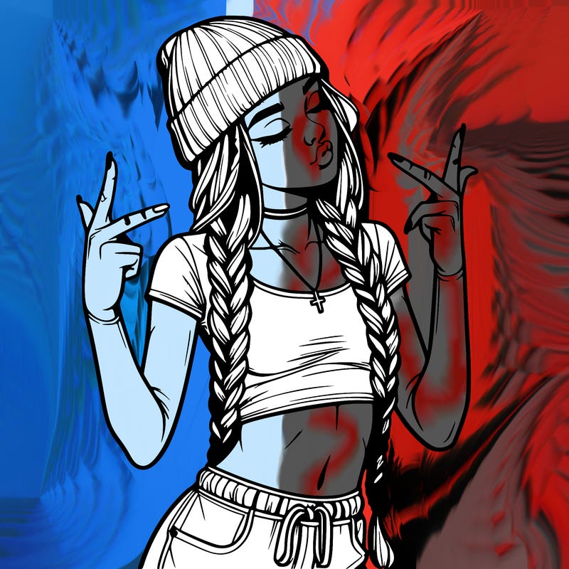 realistic teenage girl with braids and a beanie and crop top doing 🫶🏼