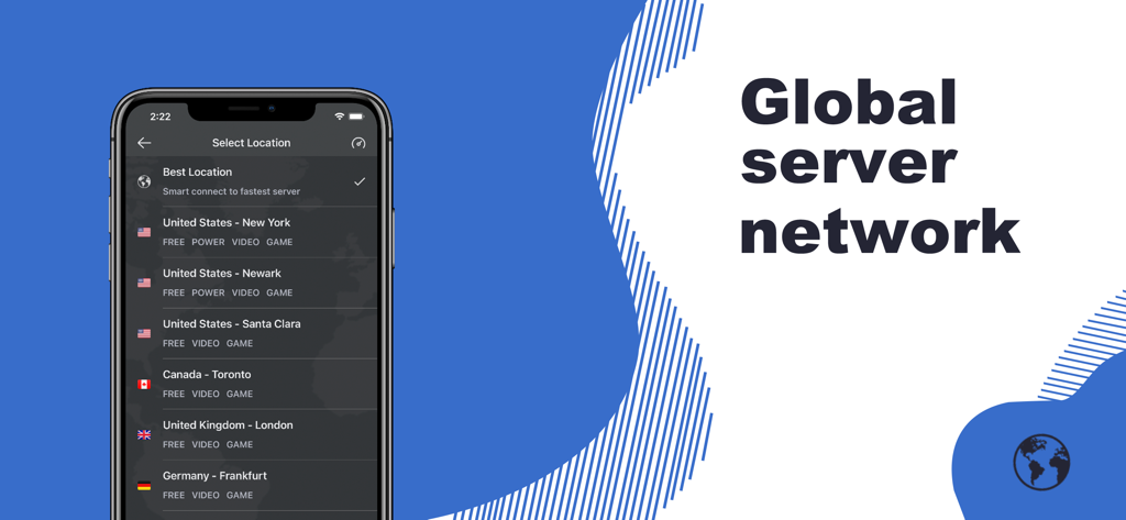 Tela do smartphone HaloVPN exibindo locais de servidores globais para conexão rápida e segura