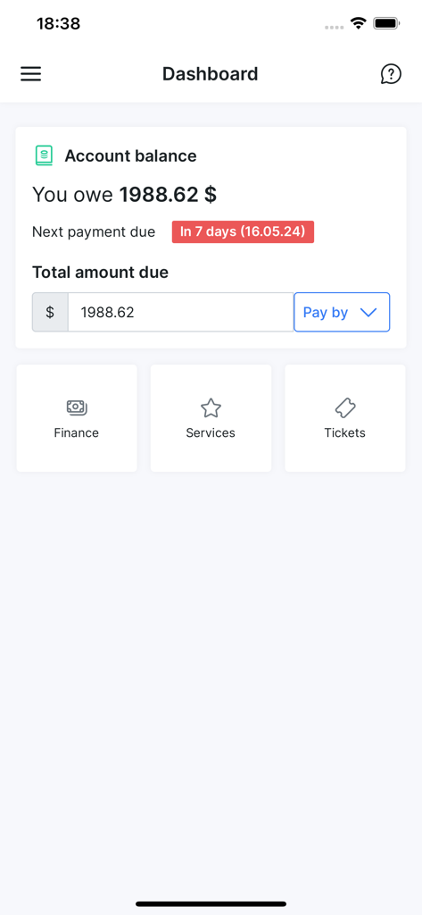 MyISP Portal - MyISP Portal mobile app dashboard showing account balance payment due date and navigation icons for finance services and tickets