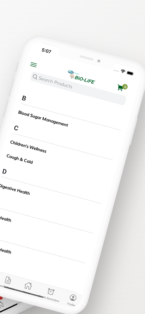 BiO-LiFE - BiO-LiFE app product category list featuring blood sugar management and digestive health options