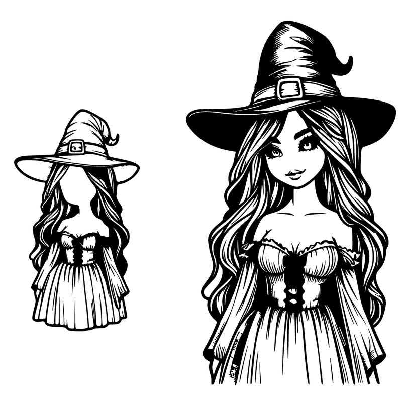 realistic woman with a witch costume and the witch hat is tiny