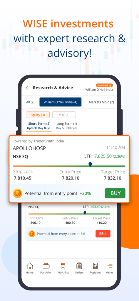 mStock mobile app Research and Advice screen with stock trading recommendations and potential gains.