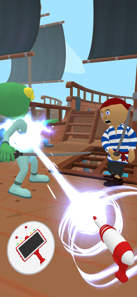 Find the Alien 2 - A player uses a laser blaster to reveal and shoot a green alien impostor on a pirate ship deck in Find the Alien 2.