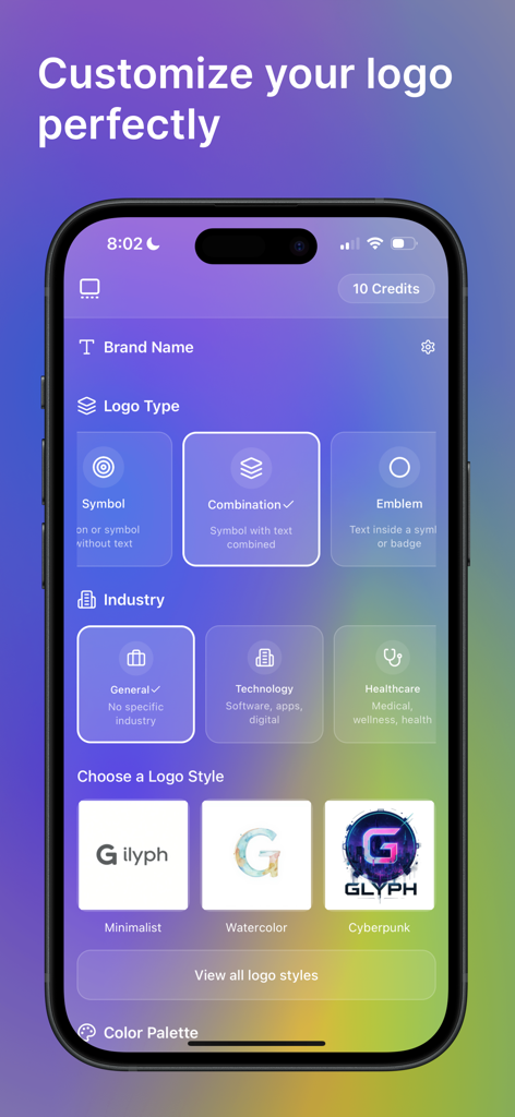 Glyph - AI Logo Generator - Pantalla de la aplicación móvil para Glyph IA que muestra opciones de personalización de logo para tipo de industria y estilo