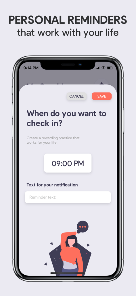 Sparkle: Self-Care Checklist - Sparkle self-care app interface for setting personalized daily check-in reminders