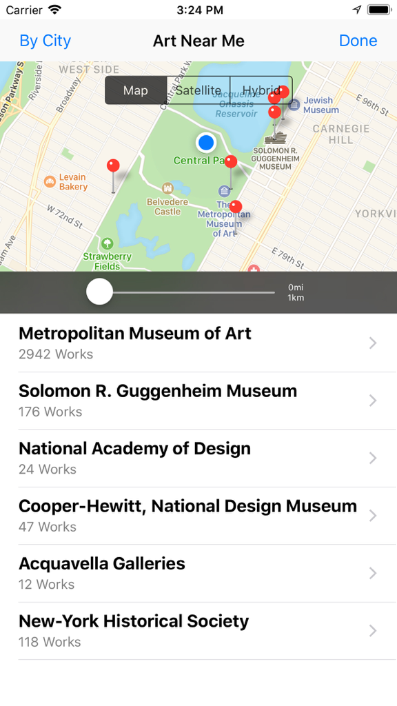 Art Authority - Art Authority app showing the Art Near Me feature with a map of museums in New York City