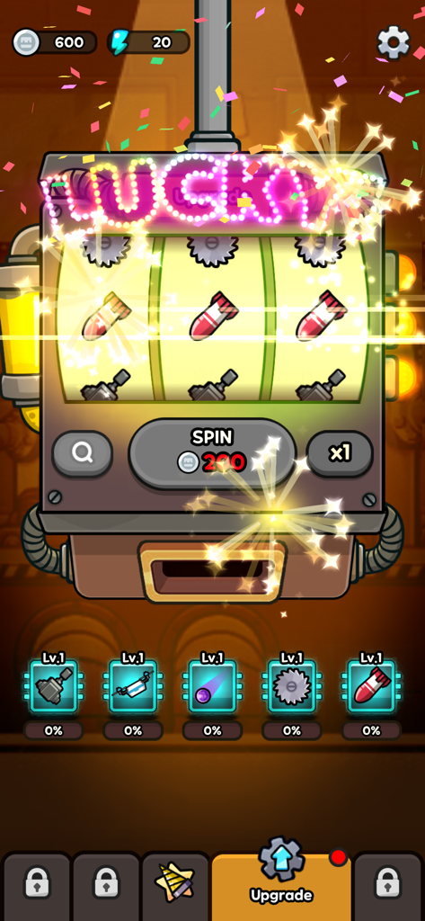 DDDigger game screen showing a slot machine with a LUCKY sign and gear upgrades for missiles and drills