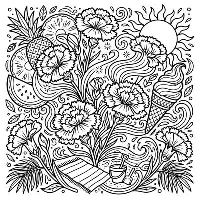 Embrace the warmth of the season with this delightful summer coloring page, brimming with vibrant carnations and iconic beach-day elements. It's the perfect way to bring the joy of a sunny vacation to life with your favorite colors.
