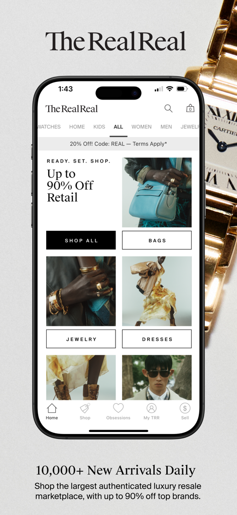 The RealReal mobile app home screen featuring discounted luxury fashion and jewelry.