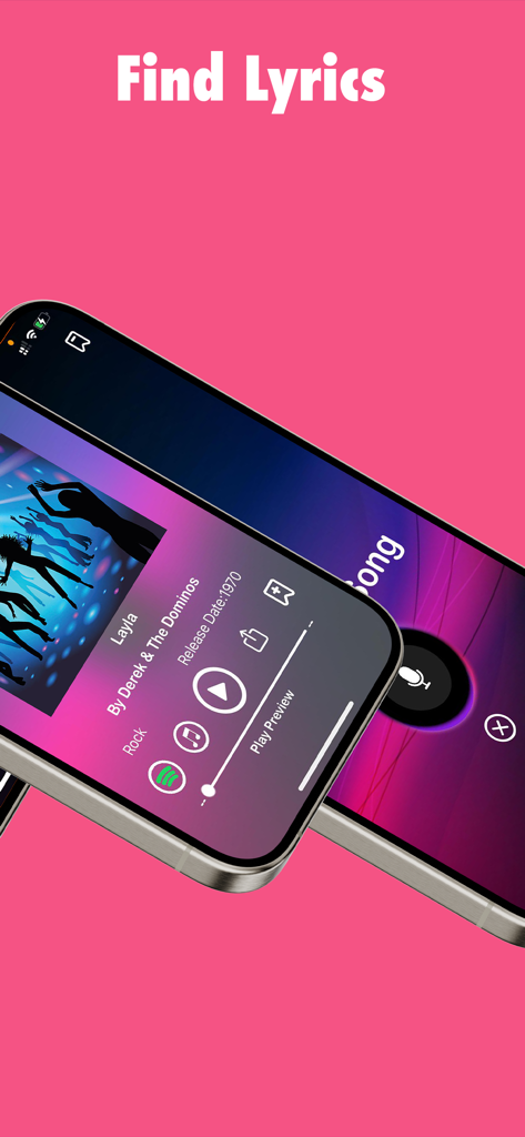 「曲を特定」アプリのスクリーンショット。Derek and the DominosのLaylaという曲の詳細が表示され、「歌詞を探す」ヘッダーが付いています