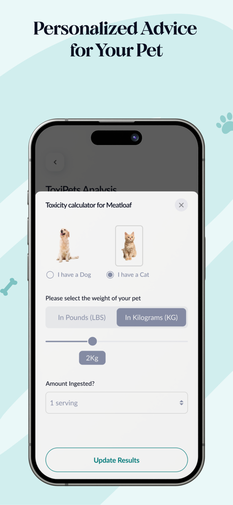 ToxiPets: Pet Poison Scanner - Pantalla de la calculadora de toxicidad de ToxiPets mostrando la selección de especie y peso de la mascota