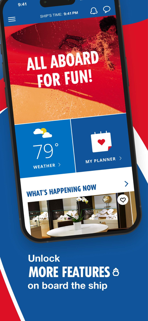 Dashboard of the Carnival HUB mobile app showing weather and vacation planning features