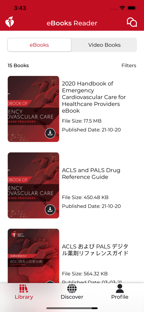 AHA eBook Reader library interface showing medical handbooks and drug reference guides