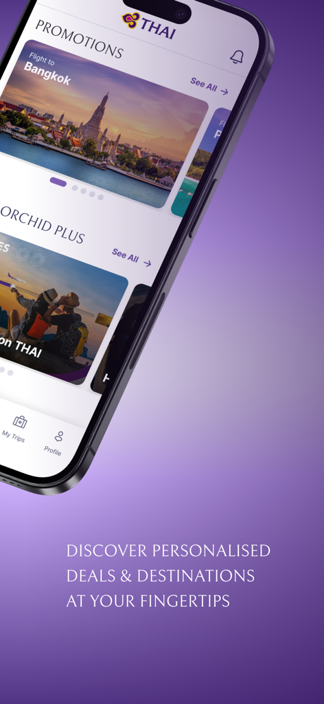 Thai Airways - Pantalla de inicio de la aplicación móvil Thai Airways que muestra promociones de vuelos a Bangkok y el programa Royal Orchid Plus.
