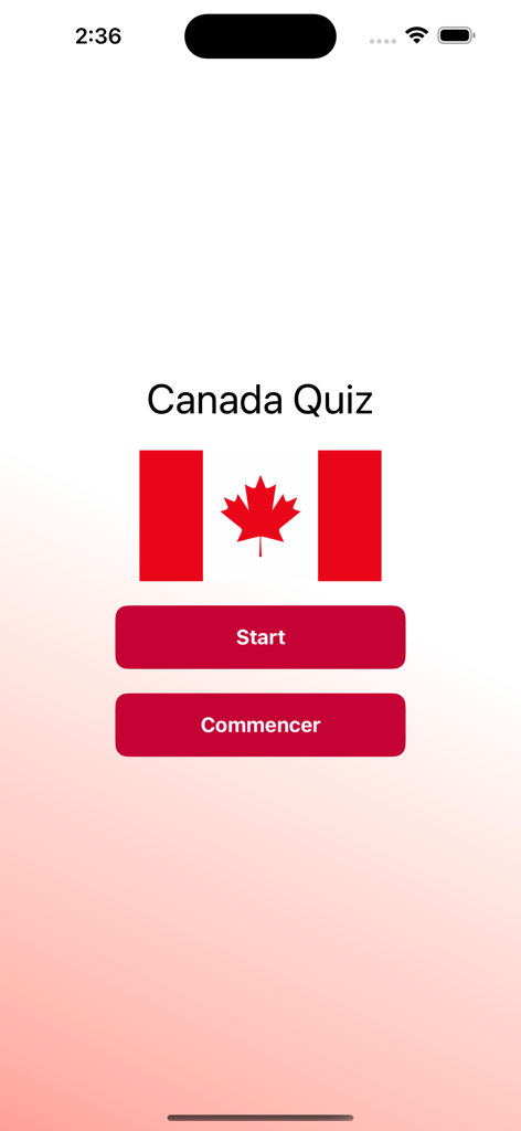 Canada Quiz. - カナダクイズアプリのウェルカム画面。カナダ国旗と英語・フランス語の開始ボタンが表示されています。