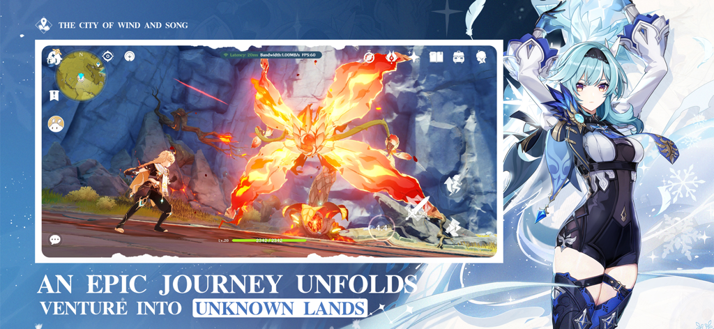 Schermata di gameplay di Genshin Impact Cloud che mostra una battaglia contro un boss di fuoco e l'illustrazione del personaggio Eula