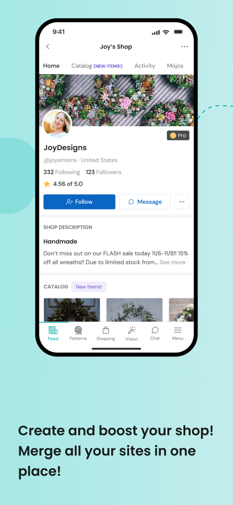 Tedooo - A seller profile page on the Tedooo app showing a handmade wreath shop with follow and message options.