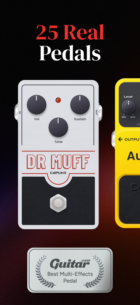 Guitar Amps, Effects, Pedals - Deplike app interface showcasing virtual guitar pedals and an award badge from Guitar.com