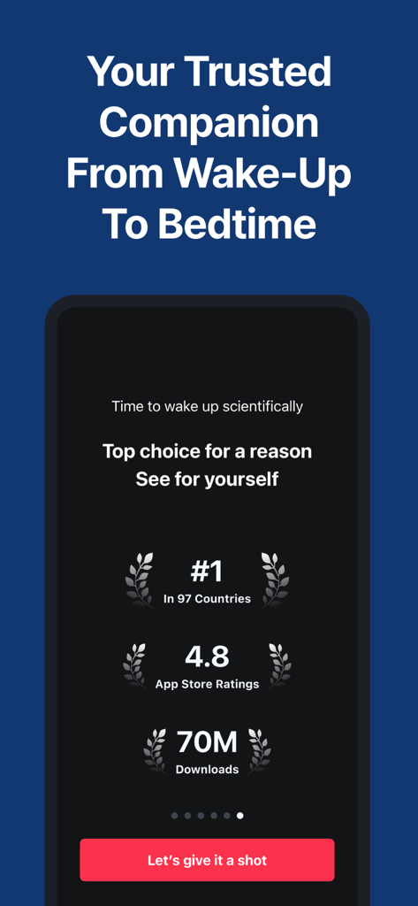 Alarmy - Loud alarm clock - Bildschirm der Alarmy-App, der das Top-Ranking und 70 Millionen Downloads hervorhebt