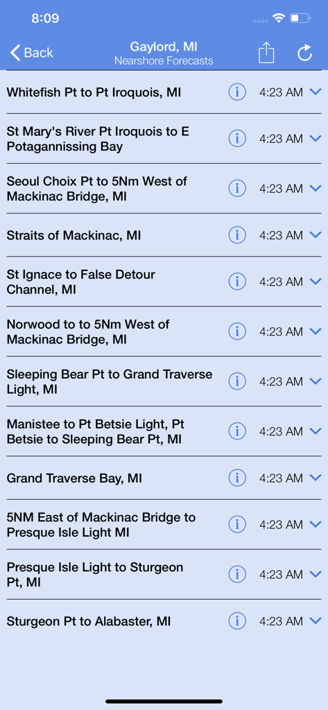 Nearshore app screen showing a list of marine weather forecast locations for Michigan