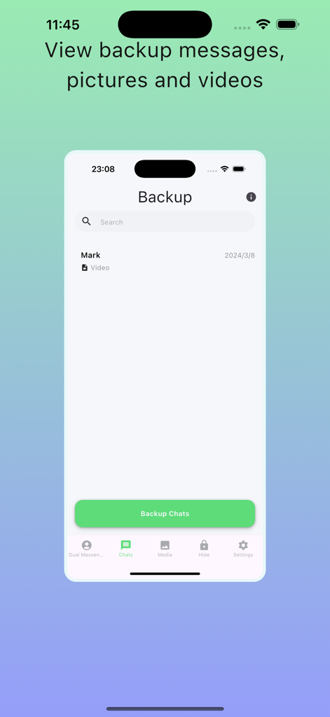 Dual Messenger - Recover&Duo - A mobile app screen showing a list of backed up WhatsApp messages and a button to backup chats.