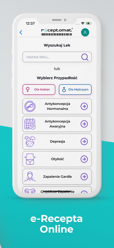 Interface de l'application Receptomat montrant les options pour rechercher des médicaments et sélectionner des problèmes médicaux pour les consultations en ligne
