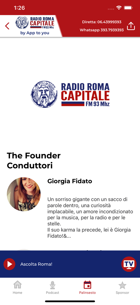 Interfaccia dell'app Radio Roma Capitale che mostra il profilo della conduttrice Giorgia Fidato