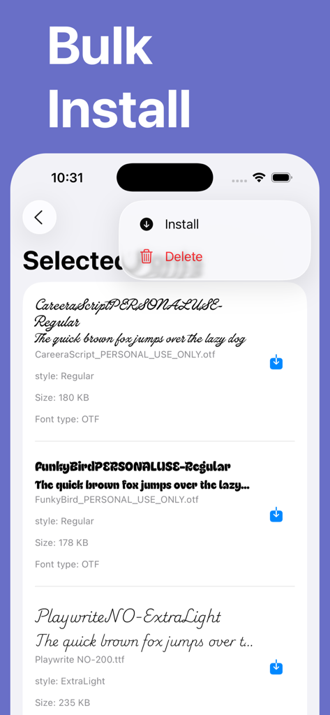 Interfaz de la app Fonty que muestra la función de instalación masiva para múltiples fuentes personalizadas en iPhone.