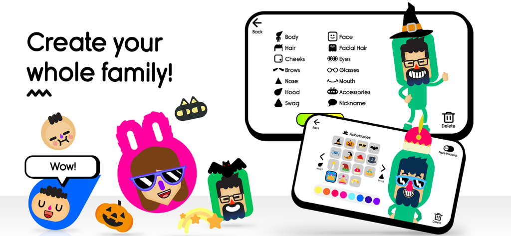 Boop Kids - Smart Parenting - Interface of Boop Kids app showing the custom avatar creation tool with options for hair, face, and accessories to personalize family characters.