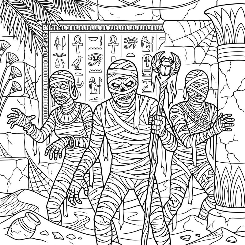 Journey back to ancient Egypt where reanimated mummies stir from their eternal slumber, ready for your artistic touch. This detailed coloring page invites you to explore a world of magic, mystery, and monstrous beings.