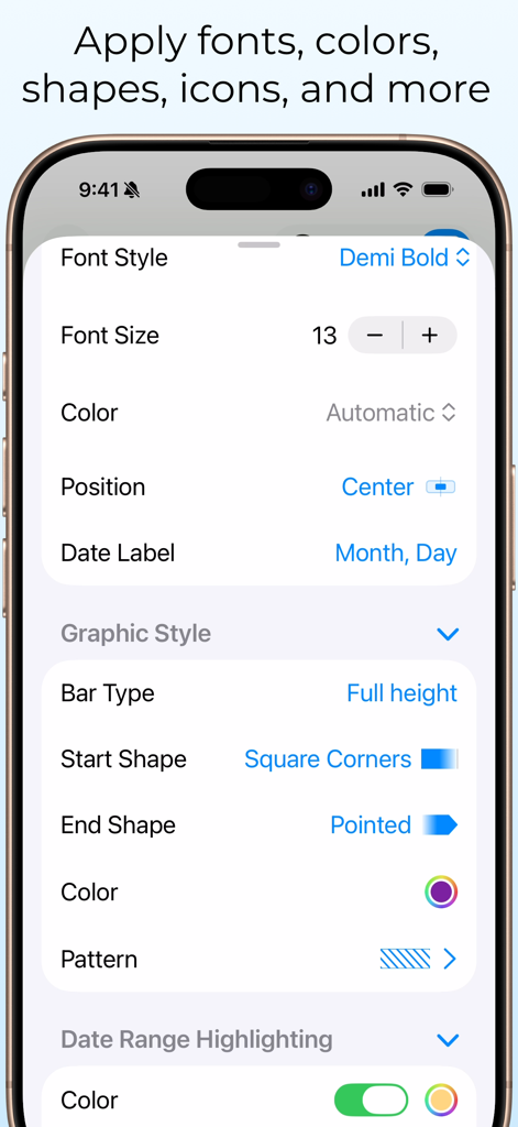TimeStory: Timeline Maker - Screenshot of the TimeStory app showing font and graphic style customization settings on an iPhone