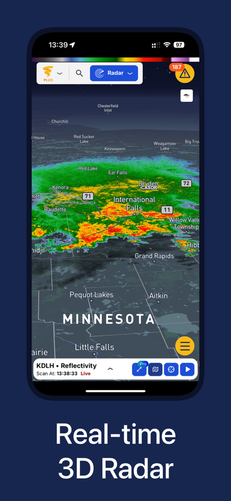 WeatherWise mobile app interface showing a real-time 3D radar map over Minnesota