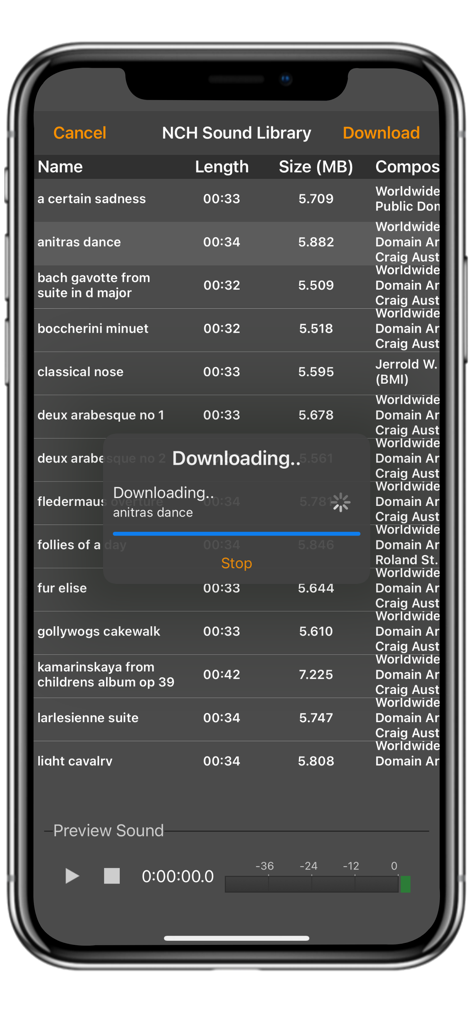 The NCH Sound Library in VideoPad showing various audio tracks available for download