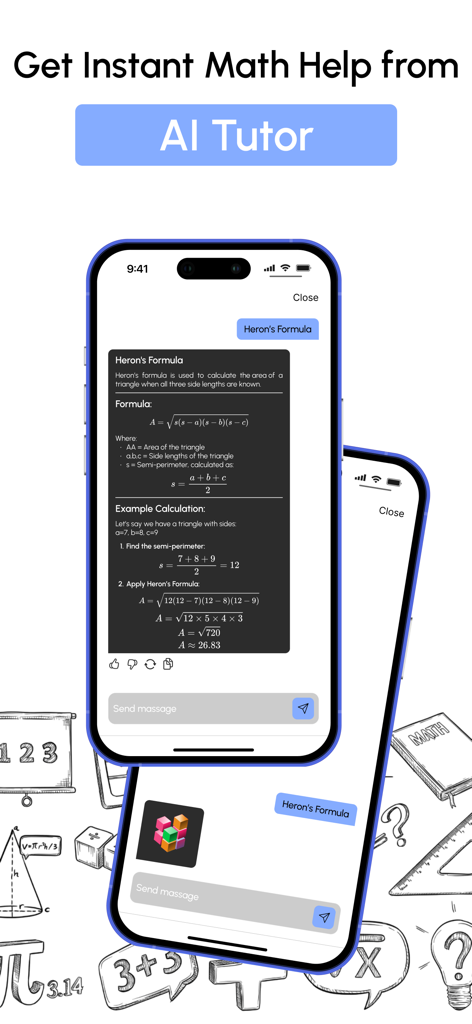 Math Homework Helper: AI Chat - AI math tutor chat interface providing a step by step solution for Herons Formula