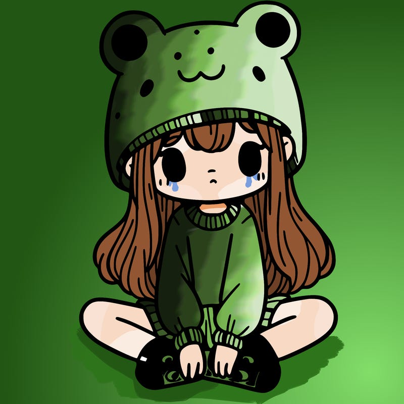 a girl wearing a frog hat and some frog socks