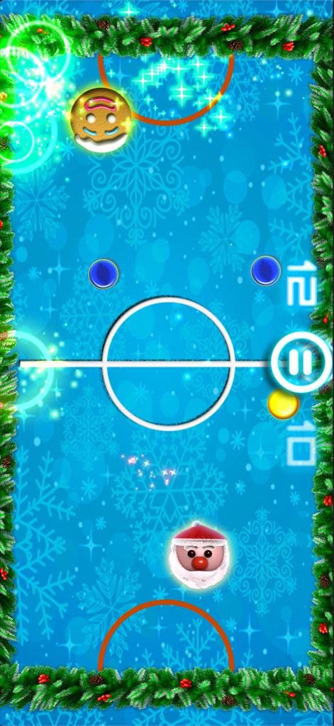 Jugabilidad de Glow Hockey 2 que muestra un tema festivo de Navidad con paletas de Papá Noel y hombre de jengibre en una mesa de copos de nieve azul.