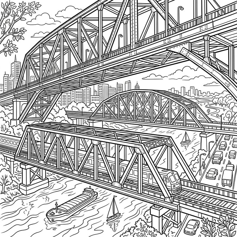 Unleash your creativity with this sophisticated coloring page featuring an impressive array of truss bridges. Designed for teens, it offers a captivating blend of architectural detail and dynamic urban life.