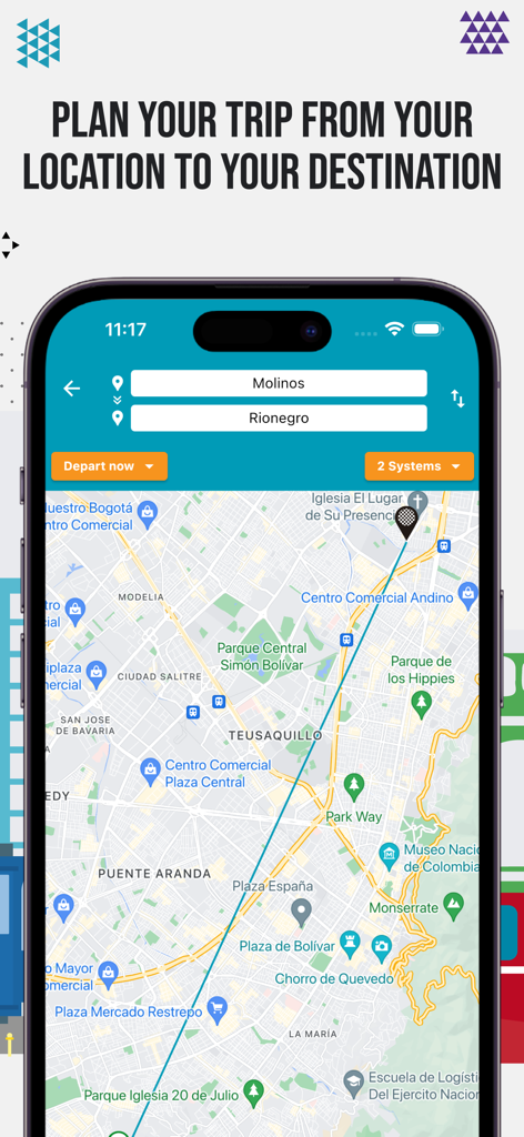 TransmiSitp MoviliXa - Interfaz de la aplicación TransmiSitp MoviliXa mostrando una ruta de viaje en un mapa de Bogotá