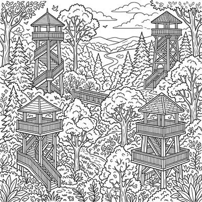 Embark on an artistic journey with this captivating coloring page featuring intricate scenic park towers amidst a lush forest. Perfect for teens, this detailed design offers a wonderful escape into nature's beauty, ready for your creative touch.