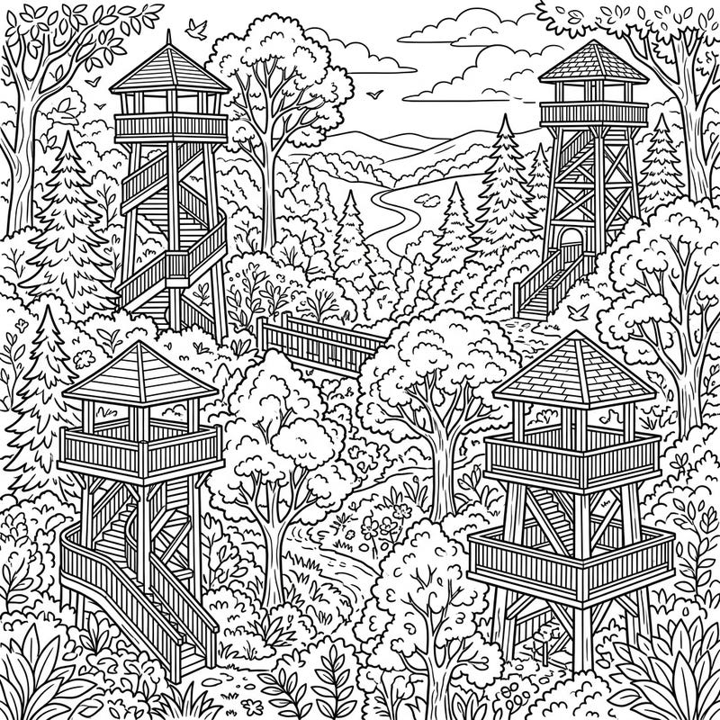 Embark on an artistic journey with this captivating coloring page featuring intricate scenic park towers amidst a lush forest. Perfect for teens, this detailed design offers a wonderful escape into nature's beauty, ready for your creative touch.