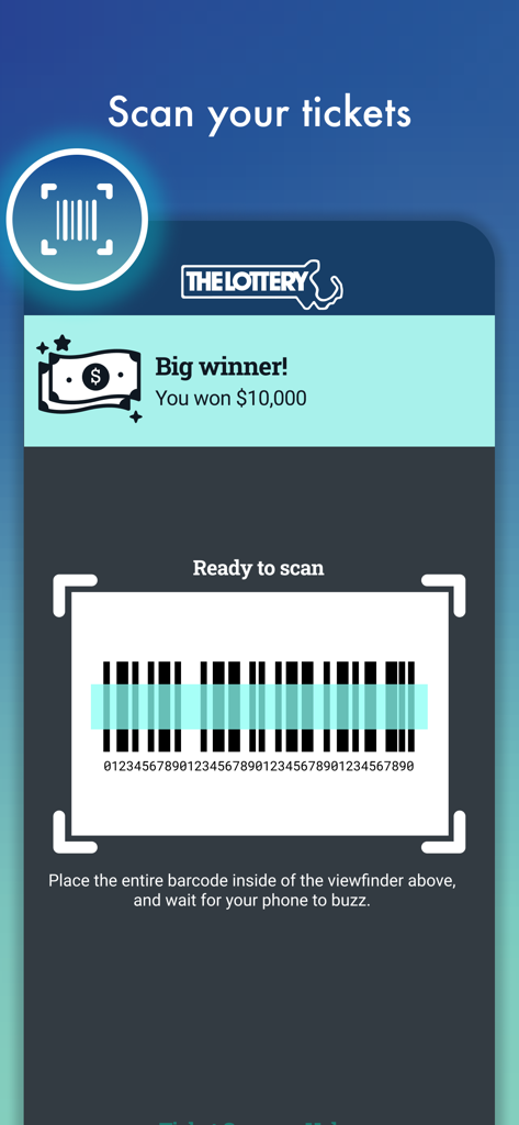 MA Lottery - MA Lottery app interface for scanning tickets and checking for winners