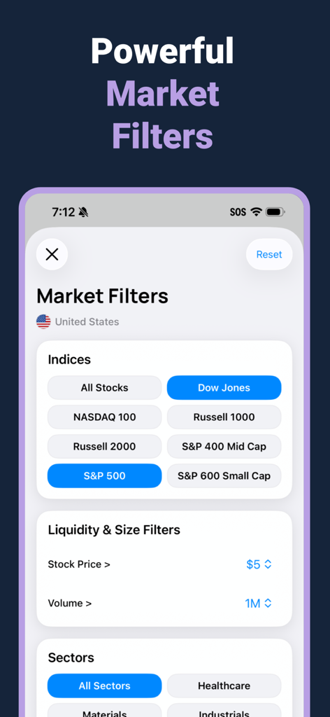 Market filters screen in the Stock Signals app showing index and liquidity options