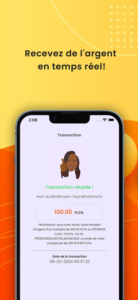 Écran de l'application mobile montrant la confirmation d'une transaction réussie dans CLIKPAY Money.