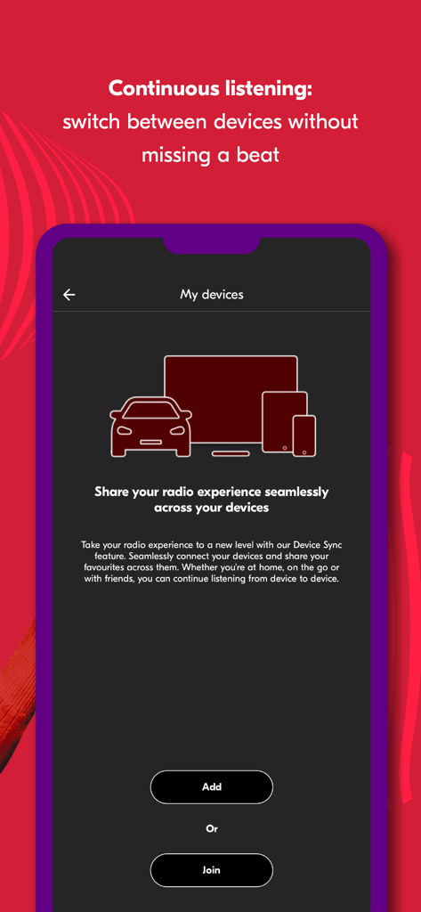 Radioplayer - Radio & Podcast - Schermata dell'app Radioplayer che mostra la funzione di ascolto continuo e sincronizzazione dei dispositivi tra auto, TV e dispositivi mobili