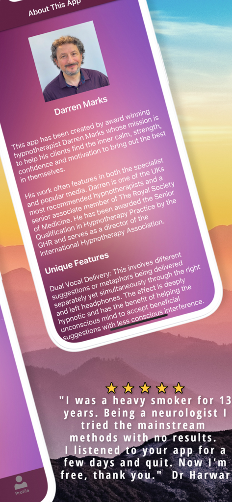 Easy Quit Smoking & Vaping - Screen from the Easy Quit Smoking and Vaping app showing hypnotherapist Darren Marks bio and a five star user review from a doctor.